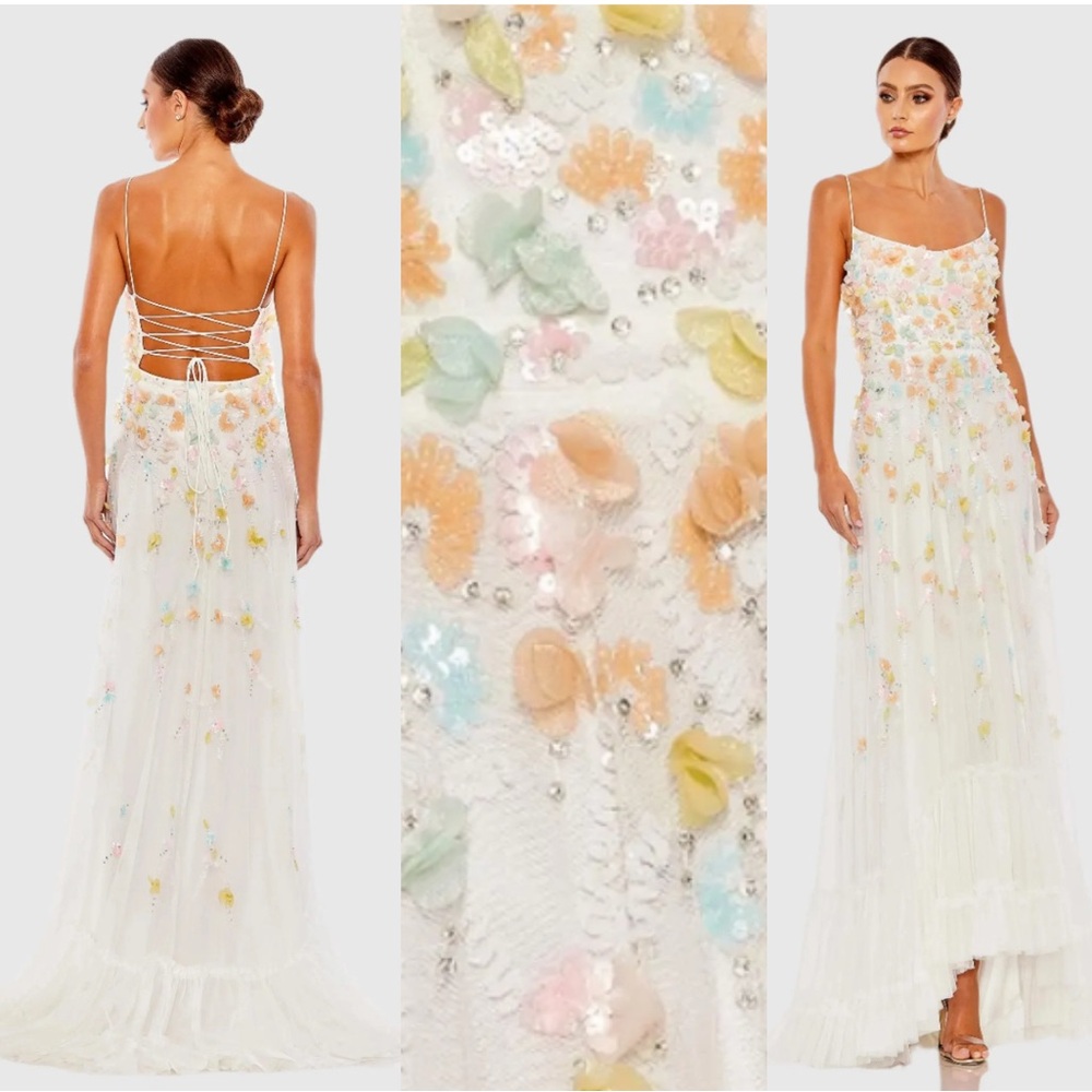 Mac Duggal #9163 Beaded 3D Flower Cami Ruffled High Low Lace Up Gown Multi